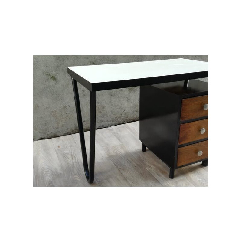 Vintage black modernist desk in metal and wood 1950