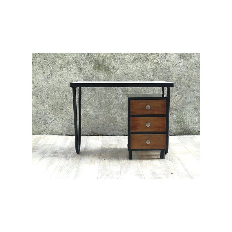 Vintage black modernist desk in metal and wood 1950