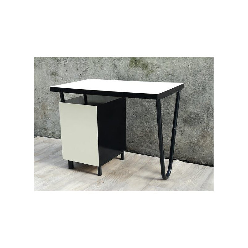 Vintage black modernist desk in metal and wood 1950