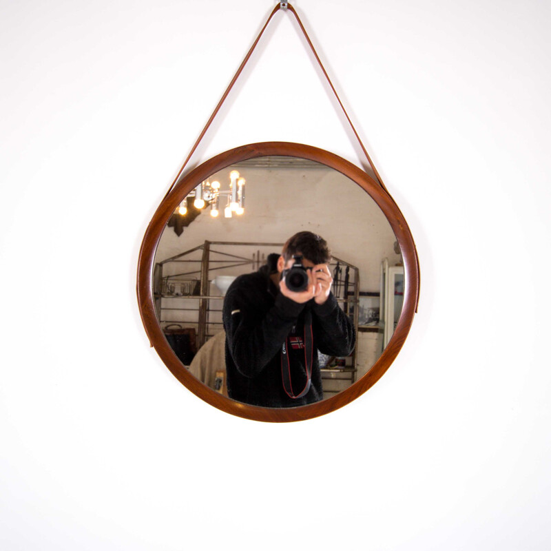 Vintage belgian mirror in teak and leather 1960