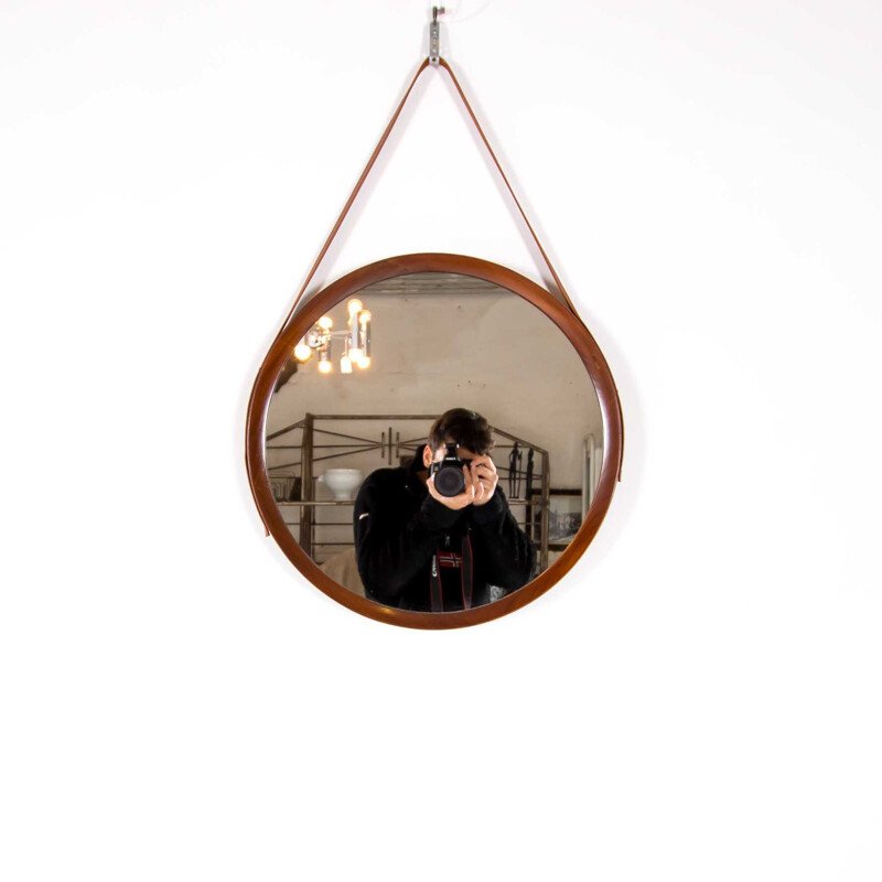 Vintage belgian mirror in teak and leather 1960