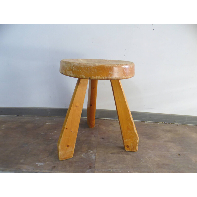 Vintage pine stool Sandoz by Charlotte Perriand 1960