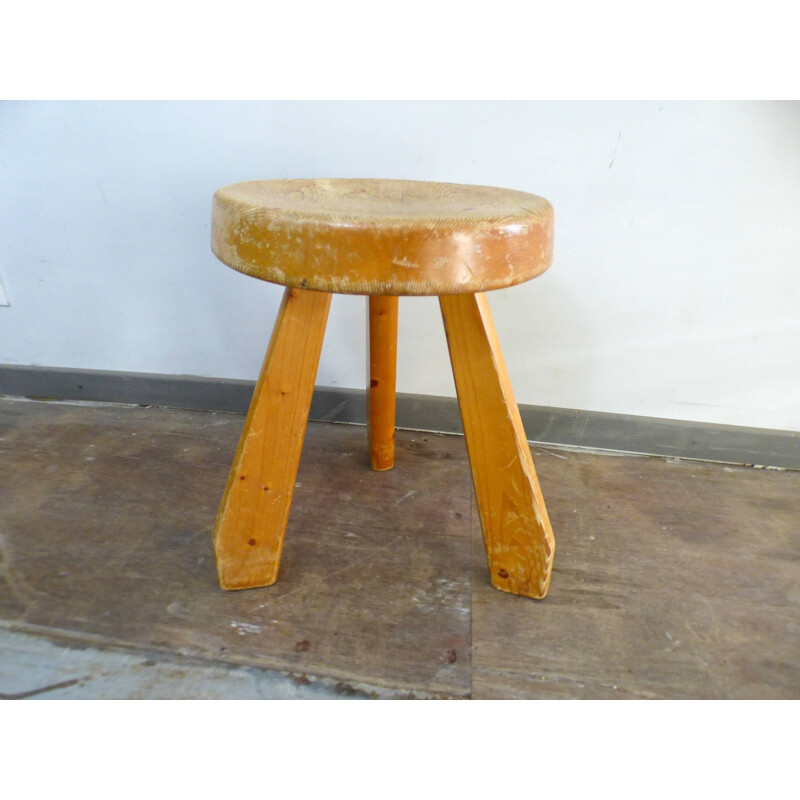 Vintage pine stool Sandoz by Charlotte Perriand 1960