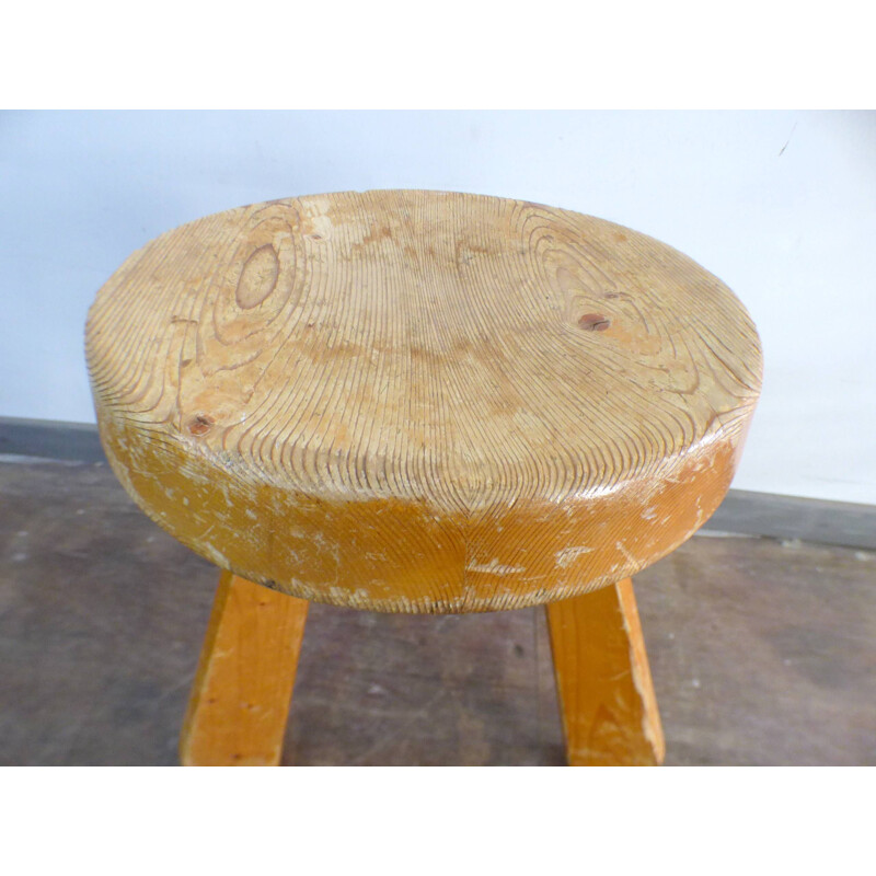 Vintage pine stool Sandoz by Charlotte Perriand 1960