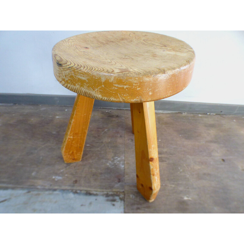 Vintage pine stool Sandoz by Charlotte Perriand 1960