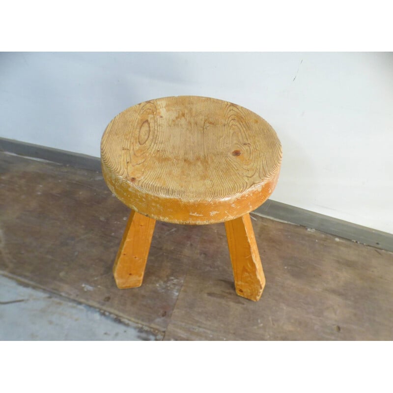 Vintage pine stool Sandoz by Charlotte Perriand 1960