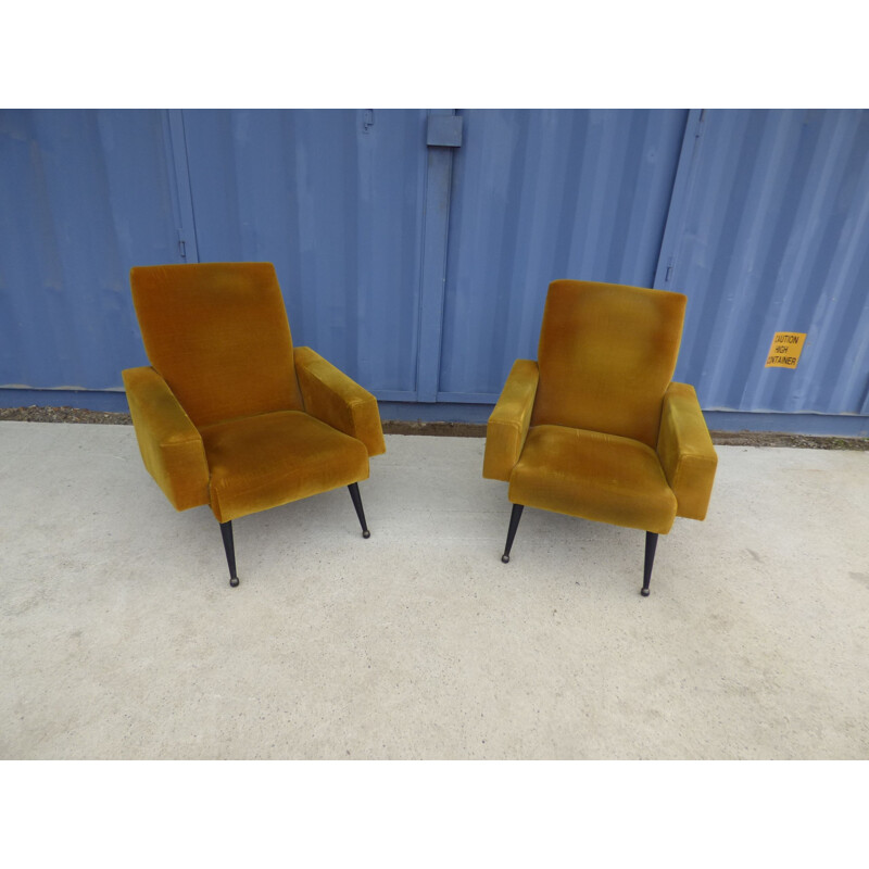 Pair of vintage velvet mustard chair, French 1960s