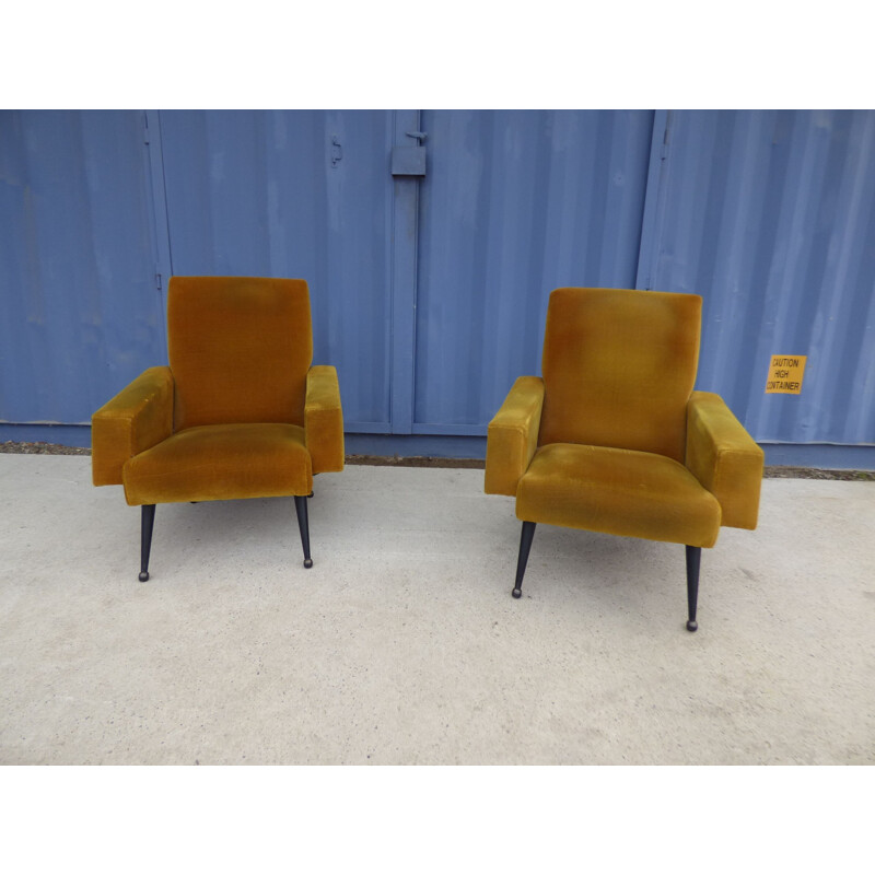 Pair of vintage velvet mustard chair, French 1960s