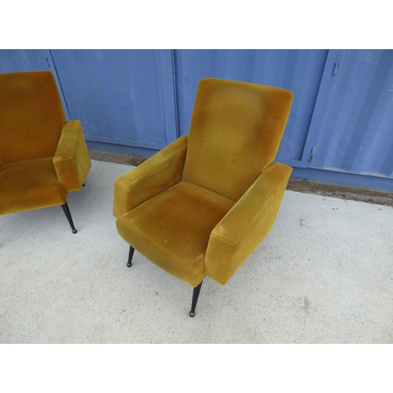 Pair of vintage velvet mustard chair, French 1960s