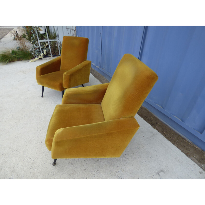 Pair of vintage velvet mustard chair, French 1960s