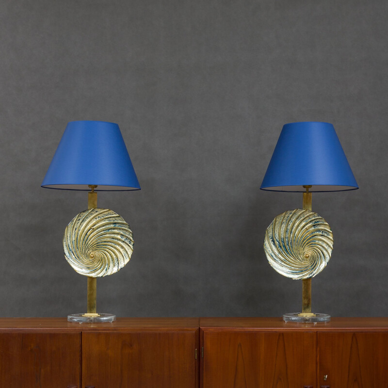 Pair of vintage italian blue Murano lamps in brass 1990