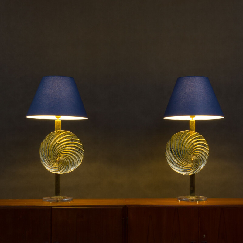 Paire de lampes vintage intaliennes bleues en verre de Murano et laiton