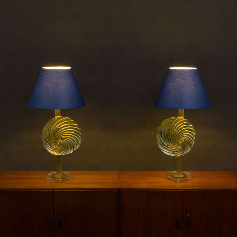 Pair of vintage italian blue Murano lamps in brass 1990