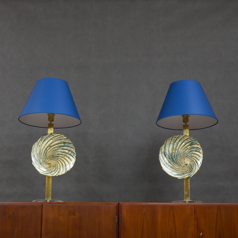 Pair of vintage italian blue Murano lamps in brass 1990