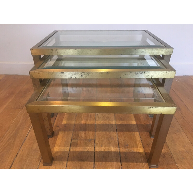 Set of 3 vintage french nesting tables in metal and glass 1970