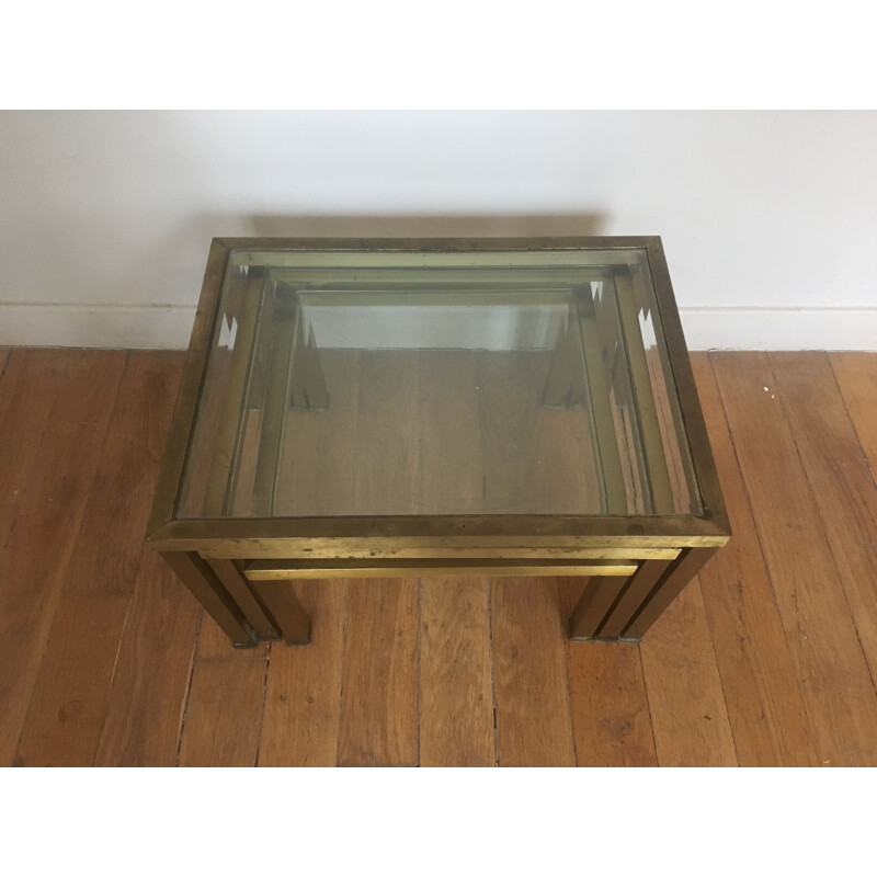 Set of 3 vintage french nesting tables in metal and glass 1970