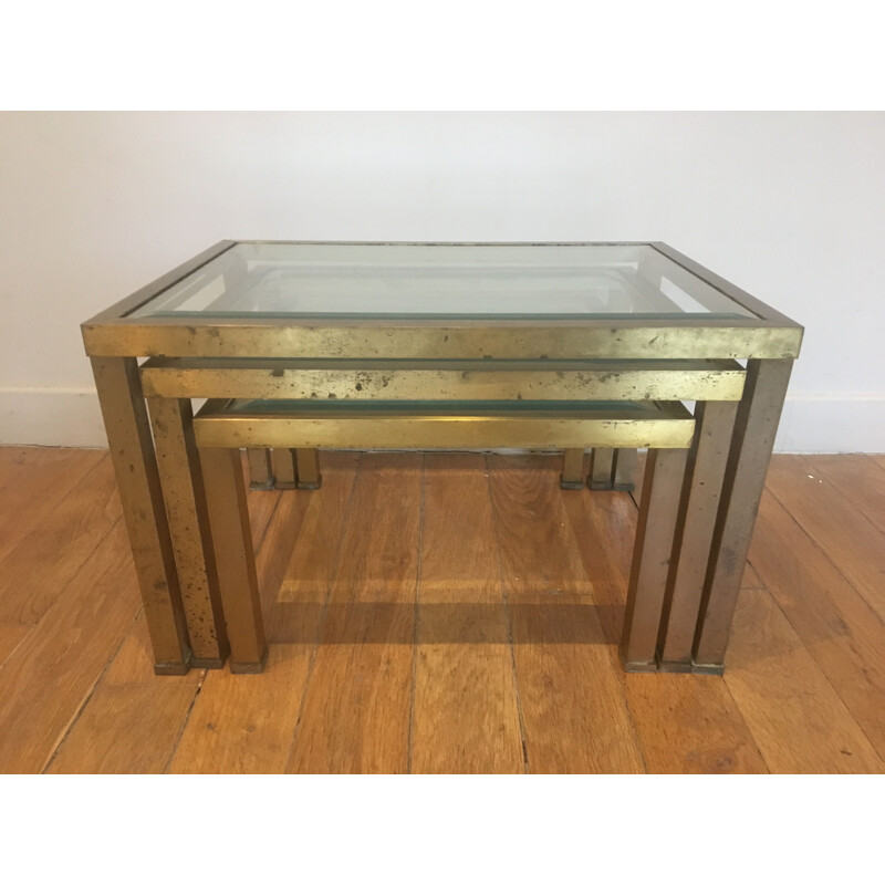 Set of 3 vintage french nesting tables in metal and glass 1970