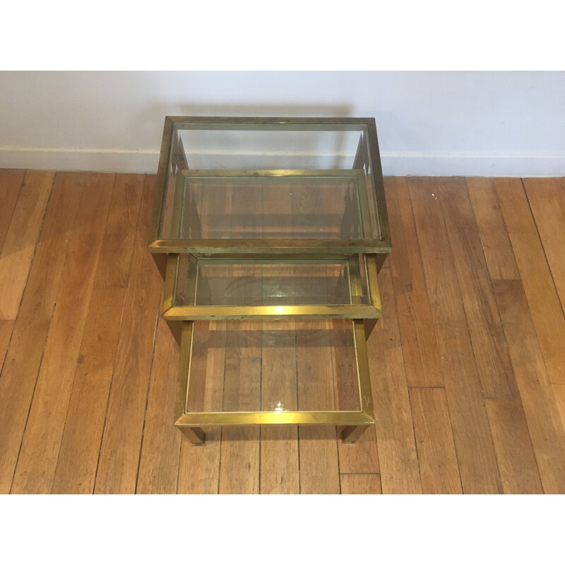 Set of 3 vintage french nesting tables in metal and glass 1970