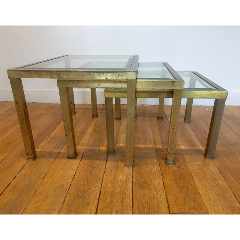 Set of 3 vintage french nesting tables in metal and glass 1970