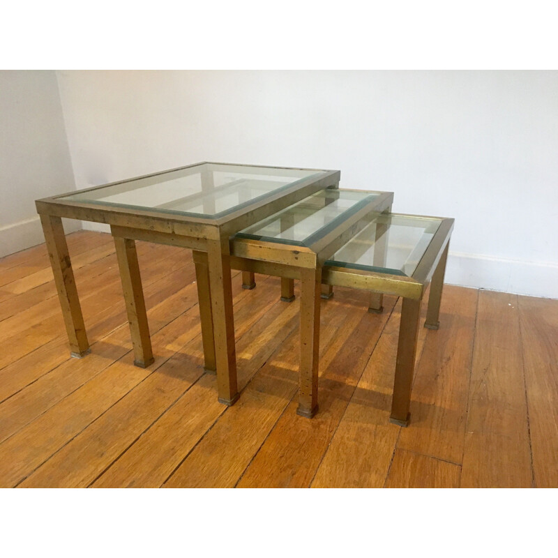 Set of 3 vintage french nesting tables in metal and glass 1970