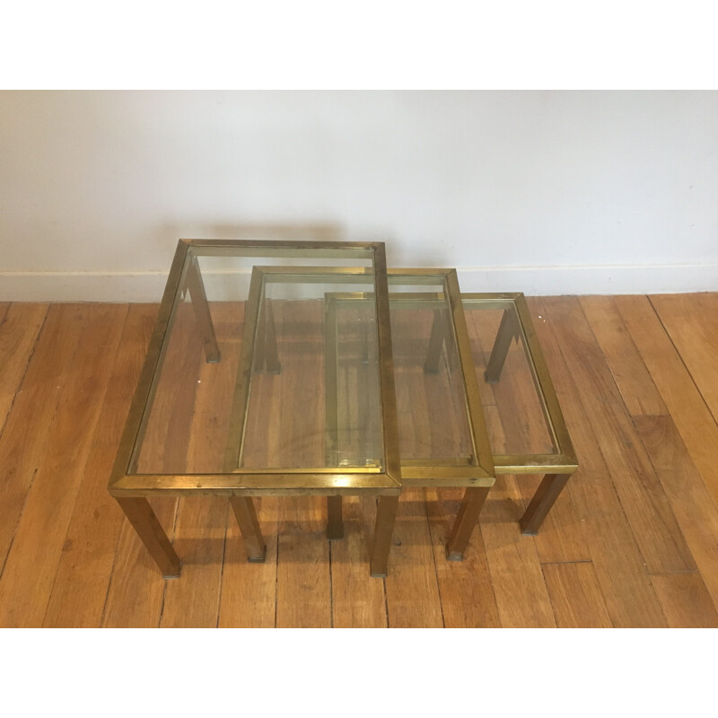 Set of 3 vintage french nesting tables in metal and glass 1970