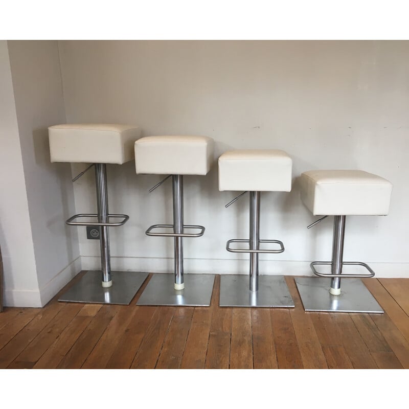 Set of 4 vintage stools in ivory leatherette and steel 1980
