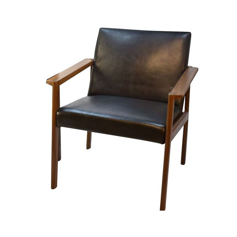 Fauteuil vintage scandinave en teck et cuir noir 1960