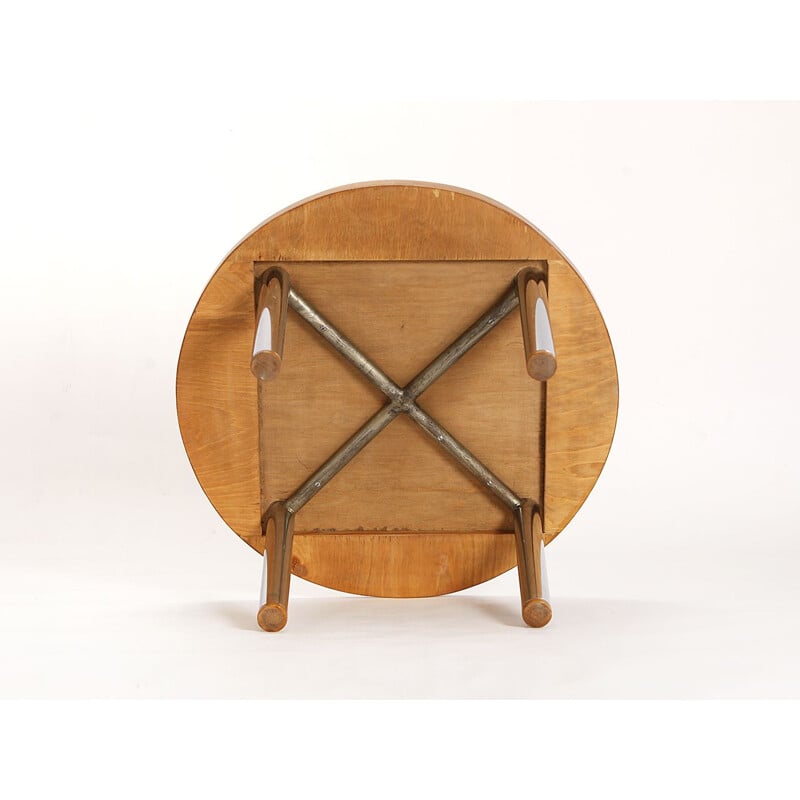 Table basse vintage en bois plaqué chêne et acier, 1950