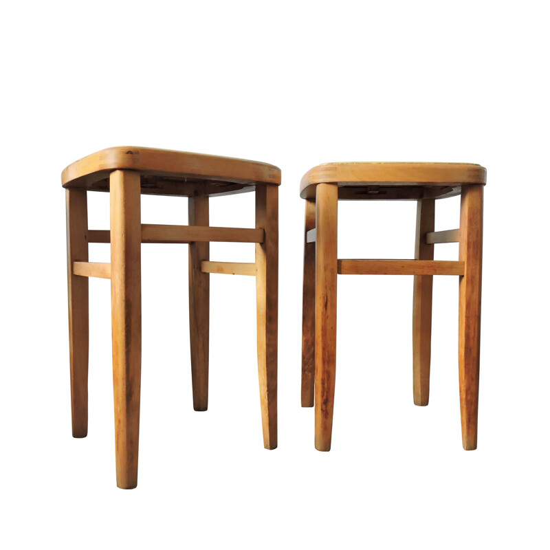 Set of 2 vintage beech and yellow leather stools 1960s