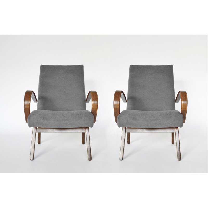 Set of 2 vintage model 53 armchairs for TON in beechwood and grey velvet 1960