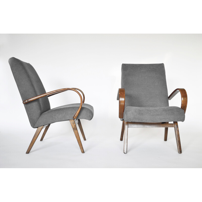 Set of 2 vintage model 53 armchairs for TON in beechwood and grey velvet 1960