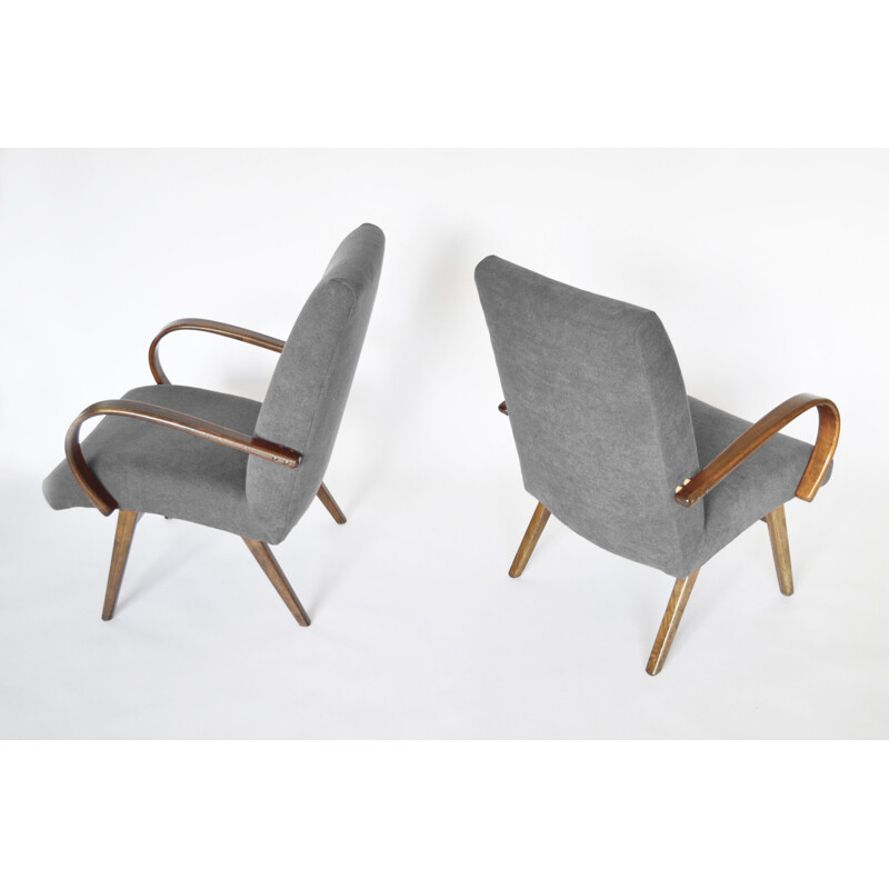 Ensemble de 2 fauteuils vintage modèle 53 pour TON en hêtre et velours gris 1960