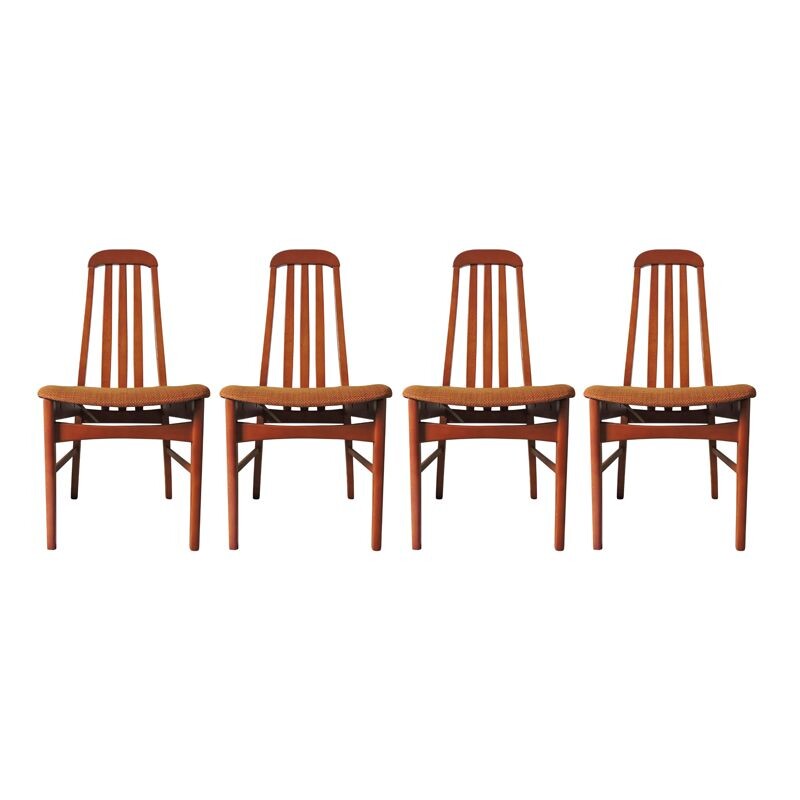 Set of 4 vintage chairs in wood and brown-orange fabric 1970