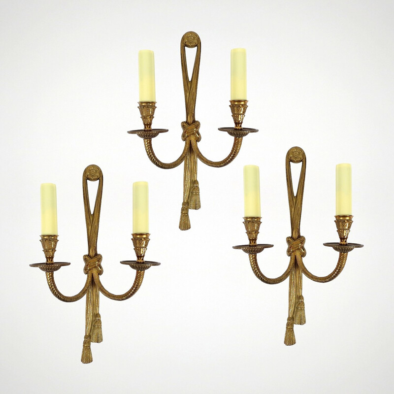 Set of 3 vintage French wall lamps in bronze