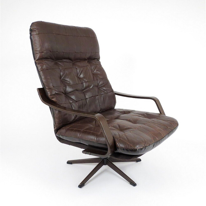 Paire de fauteuils vintage en bois et cuir 1960
