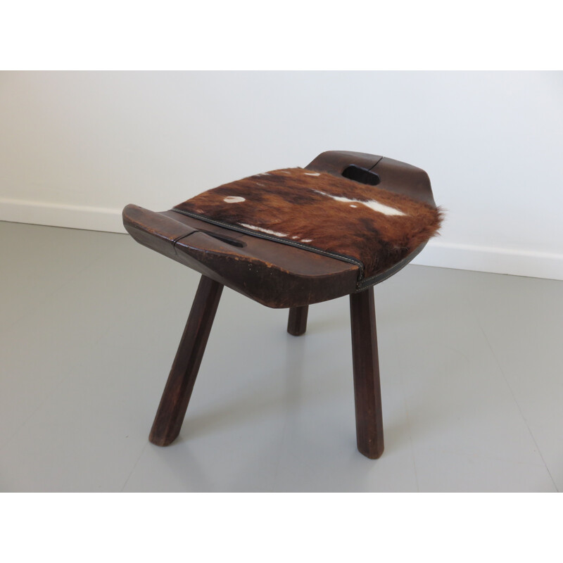 Vintage tripod stool in solid wood and cowhide 1960s