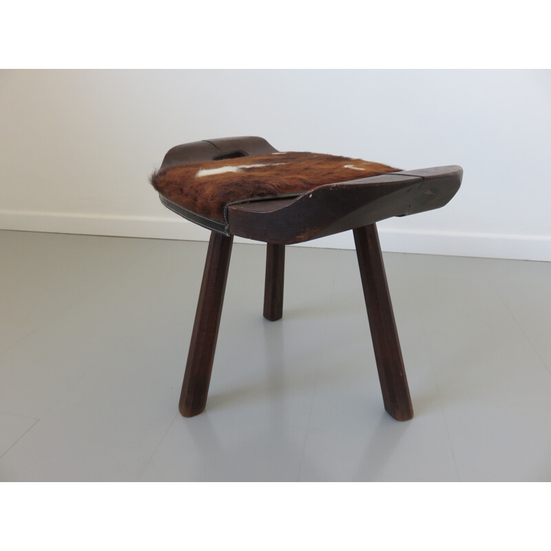 Vintage tripod stool in solid wood and cowhide 1960s