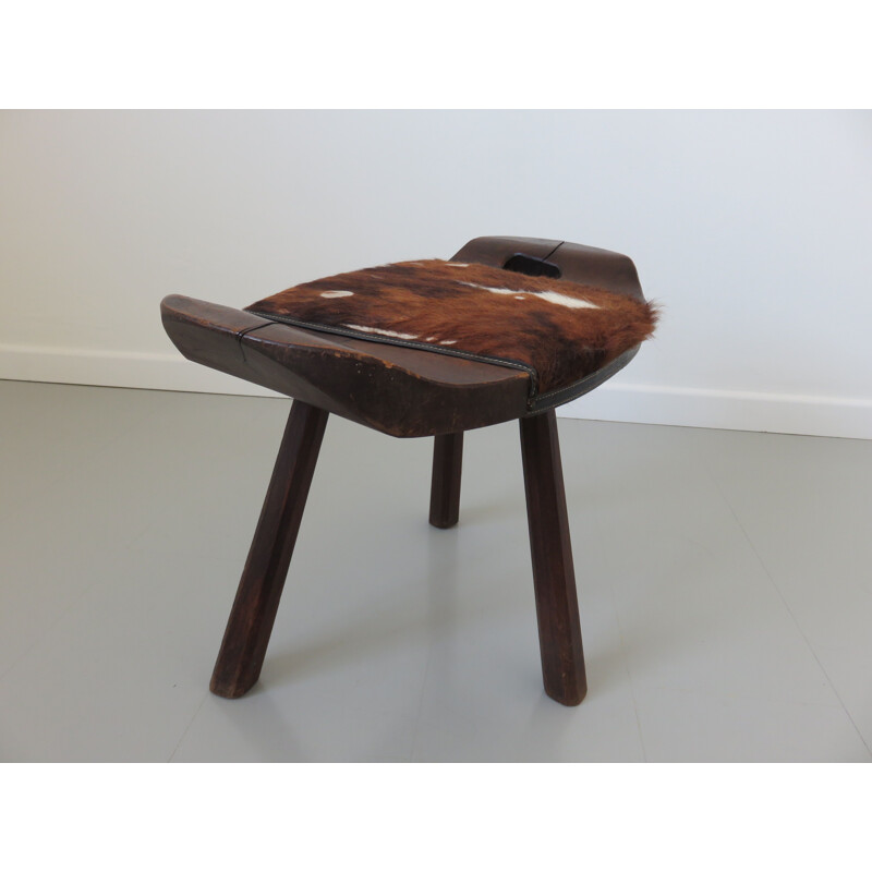 Vintage tripod stool in solid wood and cowhide 1960s