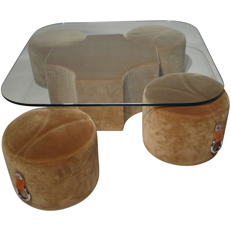 Coffee table with 4 poufs which fit under the table - 1970