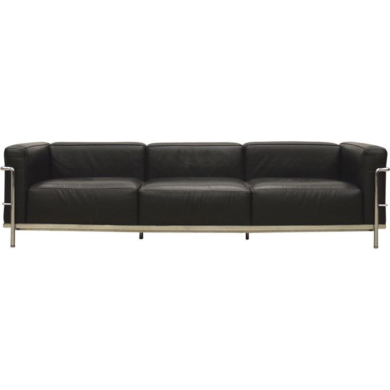 Vintage 3-seater black leather sofa LC3 for Cassina