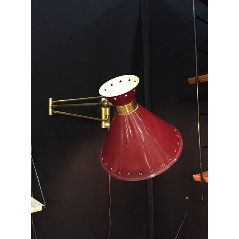Red Diabolo wall lamp in sheet steel and brass, René MATHIEU - 1950s