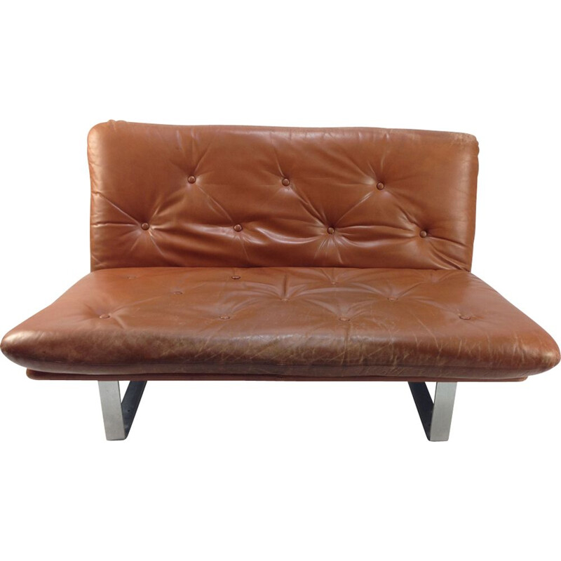Vintage sofa for Artifort in brown leather and metal 1960