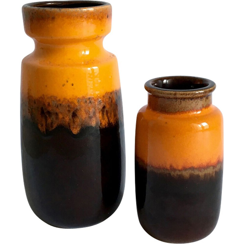 Ensemble de 2 vases vintage Scheurich en céramique noire et jaune 1960