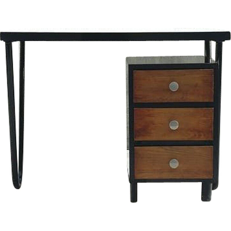 Vintage black modernist desk in metal and wood 1950