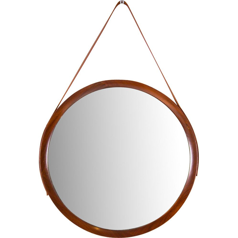 Vintage belgian mirror in teak and leather 1960