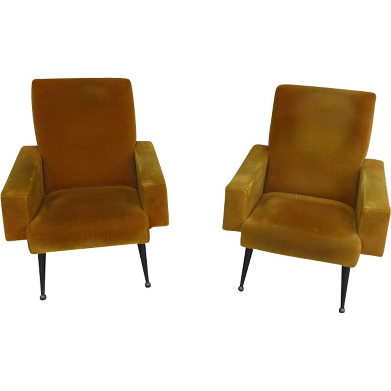 Pair of vintage velvet mustard chair, French 1960s