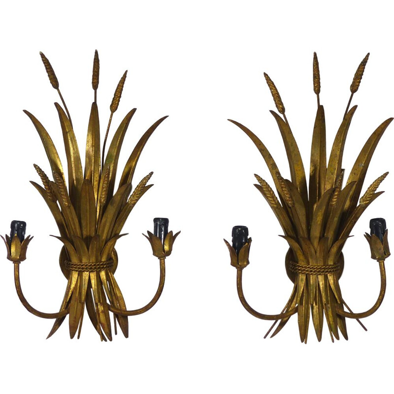 Pair of vintage french gilded steel wall lamps