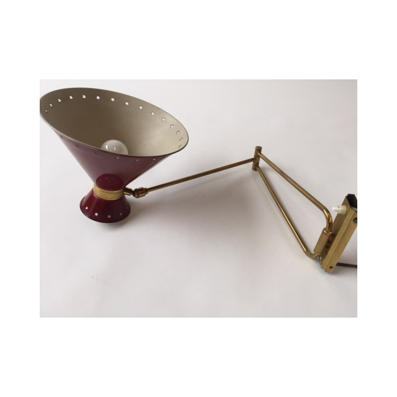 Red Diabolo wall lamp in sheet steel and brass, René MATHIEU - 1950s