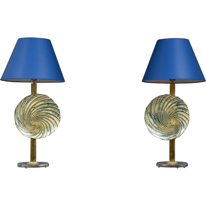 Pair of vintage italian blue Murano lamps in brass 1990