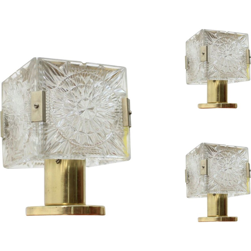 Set of 3 vintage lamps by Kamenický Šenov in brass and glass